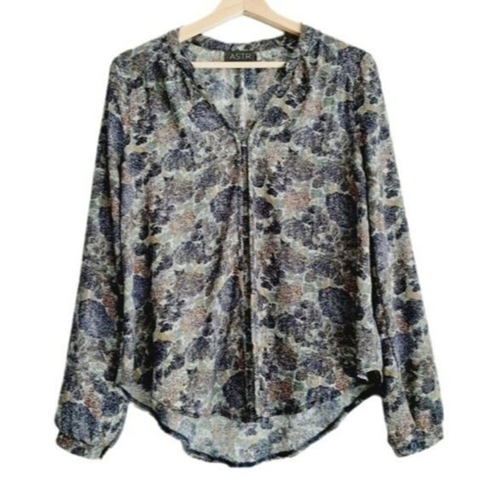 ASTR Flowy Sheer Hi-low Hem Floral Long Sleeve Top Sz S